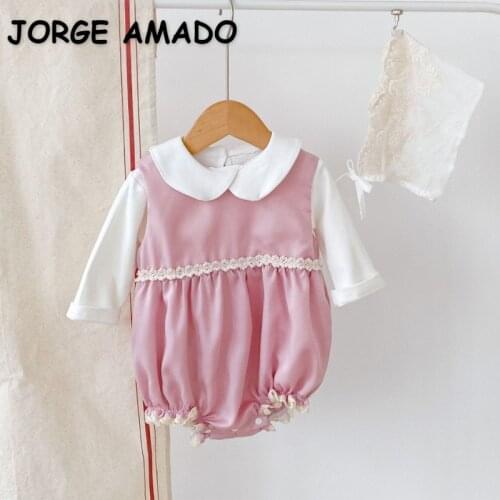 2021 Hot New Autumn Clothing Pink Sleeveless Round Collar Bodysuit+White Peter Pan Collar Shirts with Cap Girls Outfits E2398