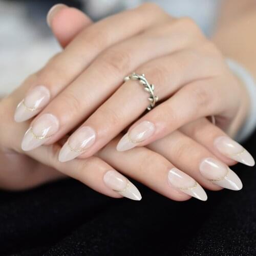 Sharp Linen Designed French Nail Gold Glitter Stylish Shiny Pointed Nail Tip Adhesive Good-looking Press On Nails