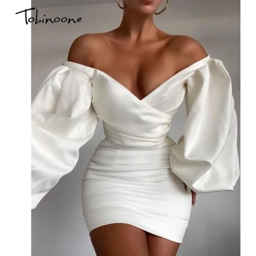 Tobinoone V Neck Satin MIni Dress Women White Long Latern Sleeves Elegant Short Dress Autumn Party Night Club Bodycon Dress 2021