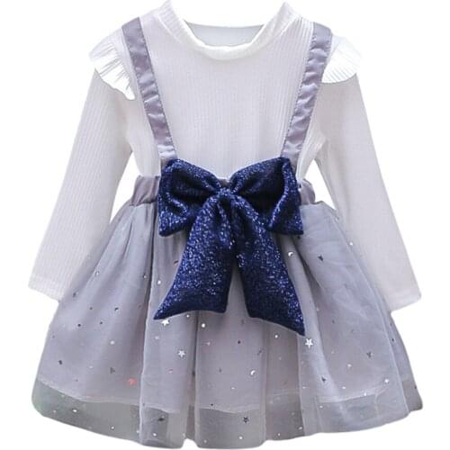 Princess Dress For Girls Childrens Birthday Party Costume Children Big Bow Mesh Dress Autumn Kinit Long Sleeve dress