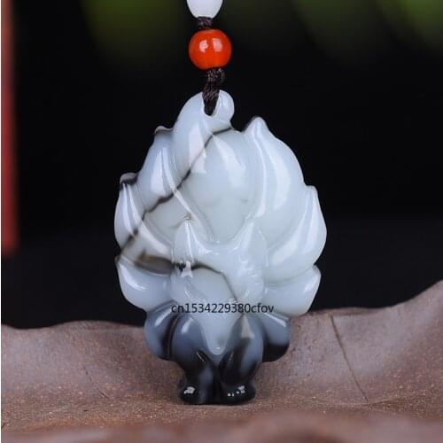Natural Jade Nine-tailed fox Pendant Men Charm Gifts Amulet Jadeite Jewelry Women Fashion Necklace Chinese Carved sweater chain