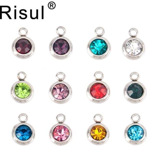 Risul Stainless steel 60pcs/lot mixed Birth lucky stones 12 colors charms 6mm pendants jewelry making (Jan-Dec. 5pcs each) gifts