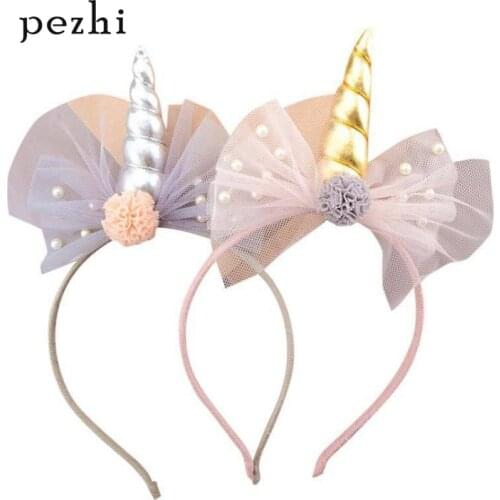 New childrens mesh pearl unicorn headband fashion simple girls head buckle headwear