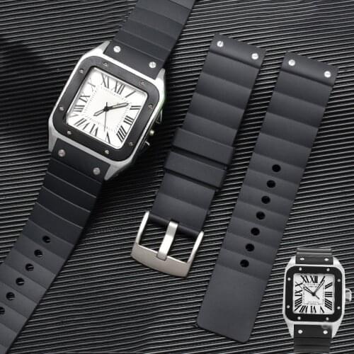Watch accessories rubber strap pin buckle for Cartier W20121U2 Santos100 series mens and womens silicone sports strap 23mm