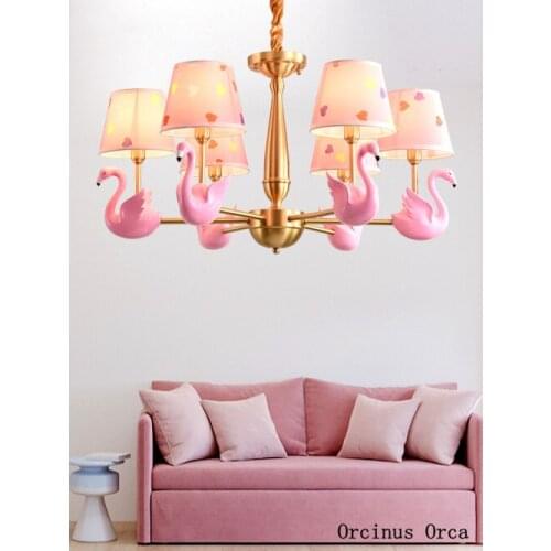 Romantic pastoral Pink Flamingo chandelier Girl Bedroom childrens room lamp American creative cartoon copper chandelier