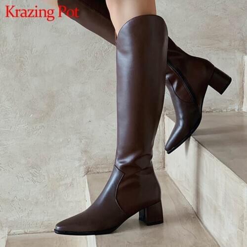 Krazing Pot 2020 cow leather vintage retro color med heel pointed toe equestrian zipper Korean beauty girls thigh high boots l11