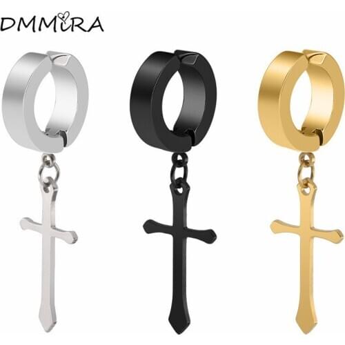 Fashion Men Women Punk Cross Pendientes Color Gold Black Stainless Steel Round Jesus Cross Charm Hoop Ear Clip Earrings Jewelry