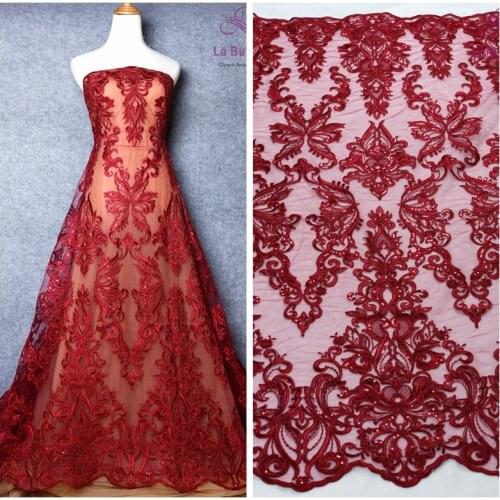 La Belleza 1 yard Wine/deep blue / off white cord sequins embroidery wedding dress lace fabric 47'' width