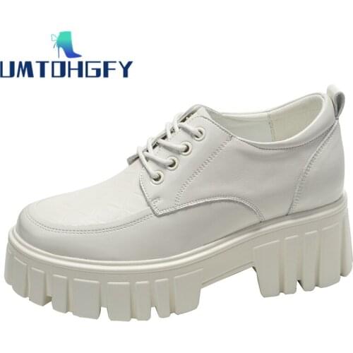 Genuel Leather Shoes Women Square Heel Female Footwear Upper Waterproof Breathable Lace-up Body Increase Shoes zapatos de mujer