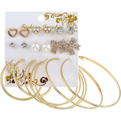 Personality Women Mixed Gold/Silver Color Earrings Set of 9 Pairs Lovely Bowknot Heart Round Ball Stud Earrings Gift Oorbellen