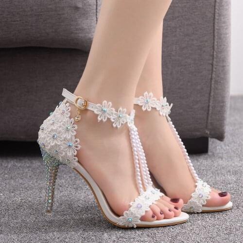Womens Sandals Thin High Heels Slender Bride Wedding Shoes White Lace Flower Pearl Tassel Stiletto
