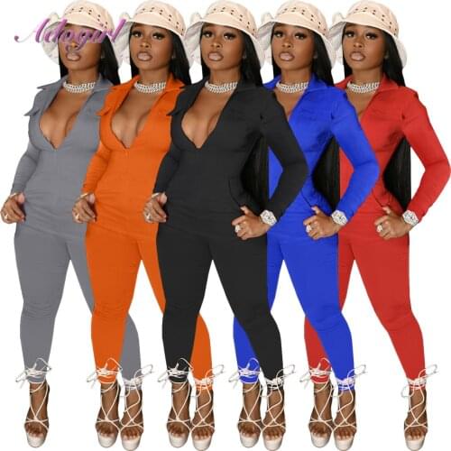 Casual Solid Turn Down Collar Long Sleeve V Neck With Pocket Skinny Jumpsuit Women 2021autumn Outfit Streetwear Rompers Overalls