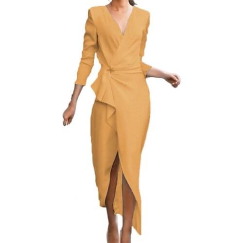 Front Twist Drape Formal Dress Solid Color V Neck Wrap Front Split Midi Dress Ladies Clothing Elegant dresses for women 2021 xxl