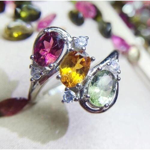Per jewelry Natural real colorful tourmaline ring 0.55ct*3pcs gemstone Free shipping 925 sterling silver Flower style Q912124