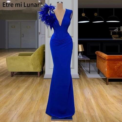 2020 Royal Blue Mermaid Evening Dress Long V-neck Feathers Prom Dresses Woman Elegant Abiti Da Cerimonia Evening Gowns LE40731