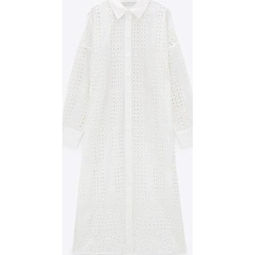 2021 Spring Summer Women White Sexy Hollow Shirt Midi Dress Chic Embroidery Long Sleeve Beach Dresses Ladies Vestidos