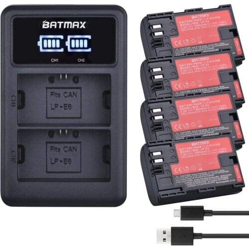 4pc LP-E6 LPE6 LP-E6N battery with Japan Cells +LED Dual USB Charger for Canon EOS 5D Mark II III 5DS 5DSR 6D 7D 60D 70D 80D 90D