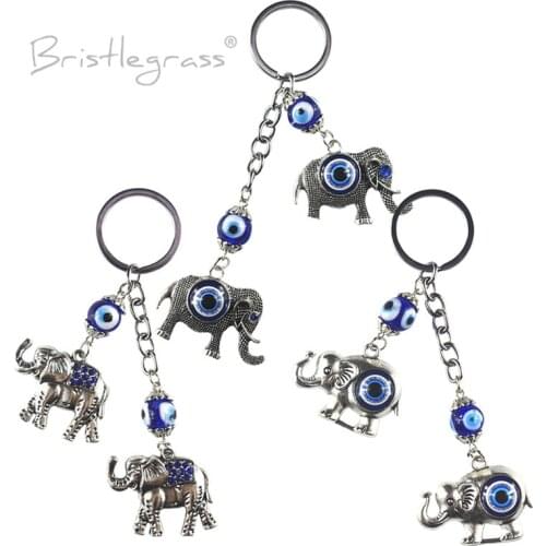 BRISTLEGRASS Turkish Blue Evil Eye Rhinestone Elephant Keychain Lover Key Chains Ring Holder Amulet Lucky Charm Blessing Pendant