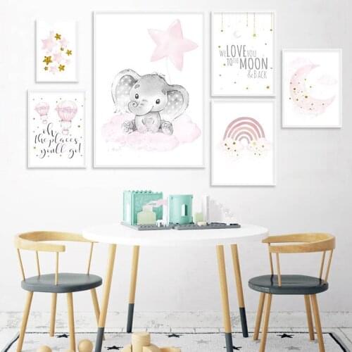 Lovely Cute Cartoon Rainbow Elephant Decorative Canvas Painting Wall Posters Children Bedroom Teen Room Decoration Home Decor