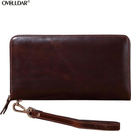 Genuine Leather Mens Long Wallet Retro Zipper Wallet First Layer Cowhide Clutch Bag Oil Wax Leather Fashion Mens Wallet