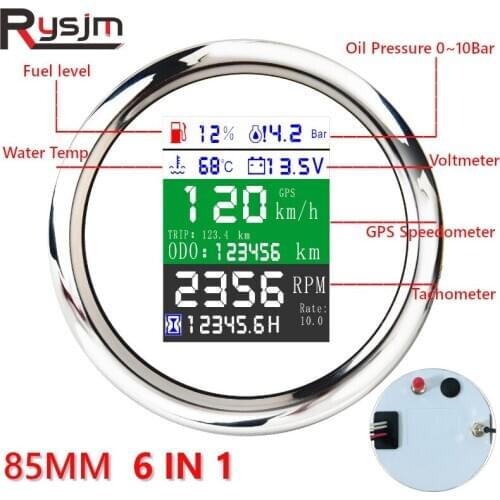 85MM GPS Speedometer Tachometer Voltage 9-32V Water Temp Fuel Level Oil Pressure 0~10Bar 6 in 1 Multi-functional Digital Gauges