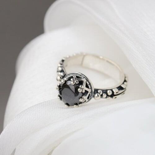 Inlaid Black Zircon Rings Hip Hop PUNK Fashion Jewelry Gifts National Style Retro Open Adjustable Size 925 Sterling Silver Ring