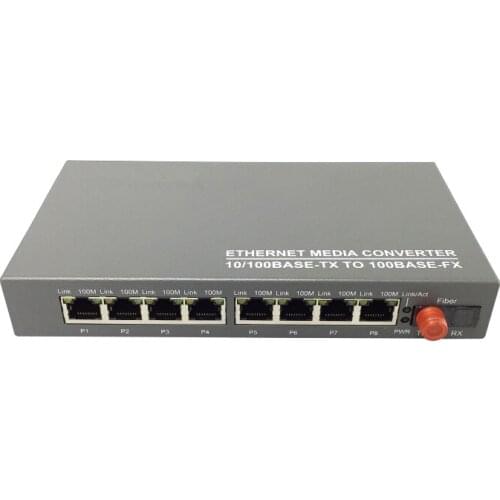 MST100MS-8 Industrial Grade Ethernet Media Converter 8*10/100Base-Tx to 1*100Base-Fx fibra optica Single Mode Dual Fiber SC 20KM