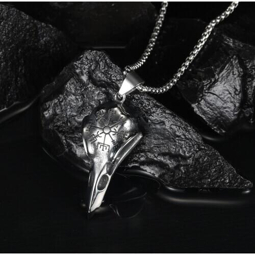 Mens 316L Stainless Steel Skull Necklace Nordic Viking Compass Crow Head Necklace Punk Style Men Women Chain Unisex Jewelry