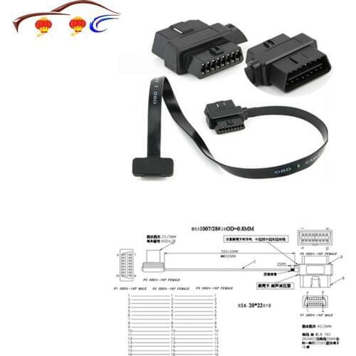 Male + Female Flat Wire OBD2 Extension Adapter OBD2 16-pin 16 Pin Full Convert Cord for Car Diagnostic Scanner Connector