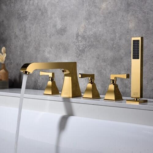 Bathroom Bathtub Faucets Set Solid Brass Sink Mixer Tap Hot & Cold Deck Mounted 3 Handle 5 Hole With Handheld Widespread Faucets
