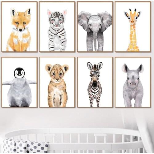 Fox Tiger Elephant Giraffe Penguin Zebra Lion Baby Wall Art Canvas Painting Nordic Posters Prints Wall Pictures Kids Room Decor