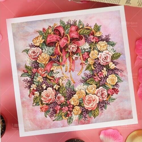 Thread cross stitch living room new flowers hand-dyed fabric rose wreath bedroom painting love