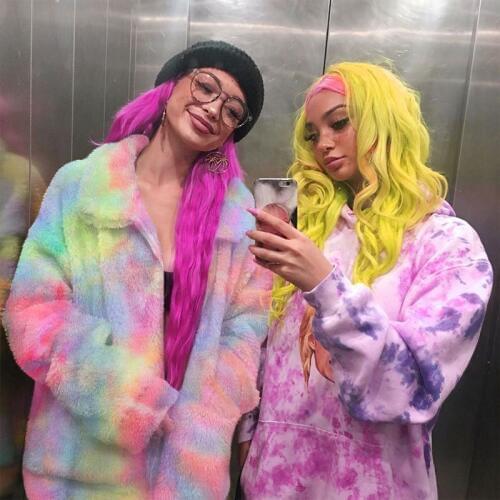 New Winter Women Fashion Rainbow Plush Loose Coat Long Sleeve Soft Turn-Down Collar Zipper Tie-Dye Warm Trendy Sexy Streetwear