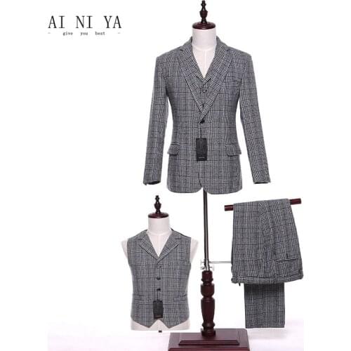 Jacket+Pants+Vest Light Gray Striped Plaid Women Business Suits Wool Blended Female Trouser Suits Ladies Office 3 Piece Suits