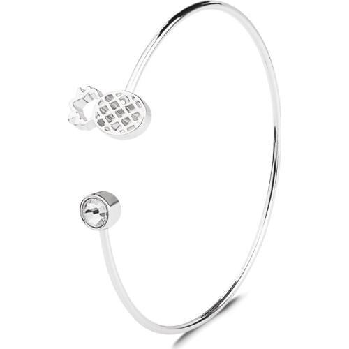 Hollow Pineapple Round Crystal Women Golden Opening Silver Plated Black Bracelets & Bangles