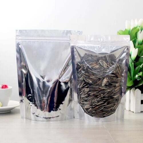 0.2mm Translucent Aluminium Foil Zip Lock Custom Size Pouches Silver Metallic Aluminum And Realabsele Plastic Front Clear Bags