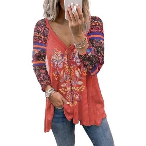 2021 Autumn Winter New Womens Clothing V-Neck Pullover Digital Printing Long-Sleeve Tops Loose Harajuku T-Shirts Womens Tee