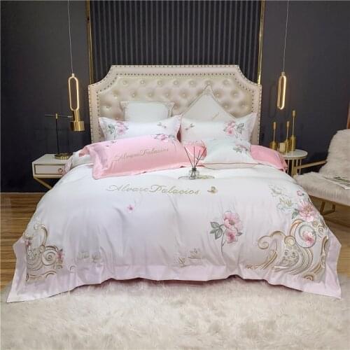 Chinoiserie Chic Floral Embroidery White Pink Bedding Set Satin Silk Cotton Duvet Cover Set Flat or Fitted Bed Sheet Pillowcases
