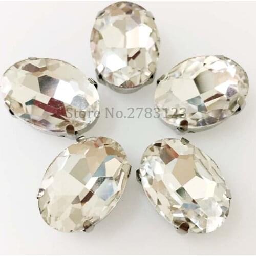 White color oval shape Glass Crystal sew on stone,four claw Silver bottom loose rhinestones diy/Clothing accessories
