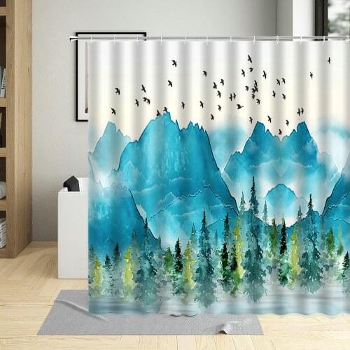 Ink Wash Painting Shower Curtains Landscape Bird Nature Scenery Bathroom Decor For Home Decoration Waterproof Hanging Curtain