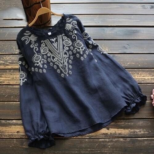 Vintage Top Women Embroidery Ruffle Blouse Long sleeve 100% Cotton Plus size Tops White Puff sleeve Loose Ladies Casual