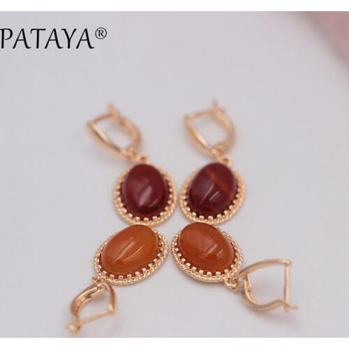 PATAYA Exclusive RU Hot Multicolor Oval Natural Stone Earrings 585 Rose Gold Drop Earrings Women Wedding Party Vintage Jewelry