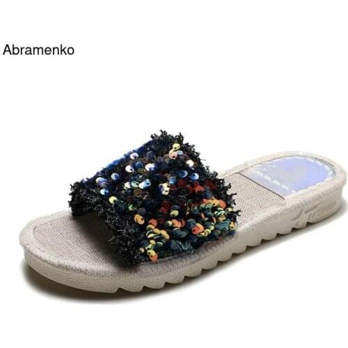 Women Slides Slippers Platform Shoes Woman Slip on Rhinestone Sequins Flats Female Summer Beach Outdoor Flip Flops Size 35-40