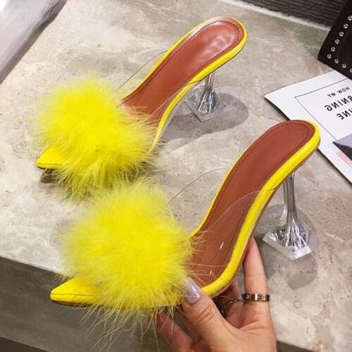 UVRCOS Summer Woman Pumps PVC Transparent Feather Perspex Crystal High Heels Fur Peep Toe Mules Slippers Ladies Slides Shoes