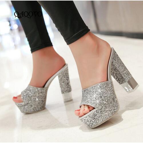 2019 Summer Sexy Sequined Slippers Platform Super High Heels Sandals Fashion Women Shoes Gold Silver Black White