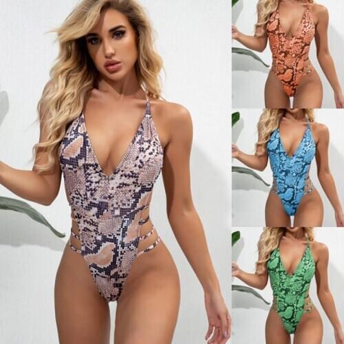 One Piece New Bikini Bathing Suit Snake Skin Pattern Printed Backless Beach Bikini Swimsuit Female Swimwear