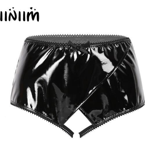 Femme Womens Wet Look Sexy Panties Open Crotch Leather Lingerie High Waist Wrapped Mesh Spliced Back Crotchless Briefs Underwear