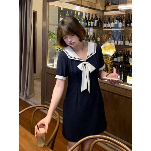Slightly Fat Large Size Loose Retro Navy Collar Dress Short Sleeve Women Fat Mm Summer Belly Slimming Long Dresses For Female