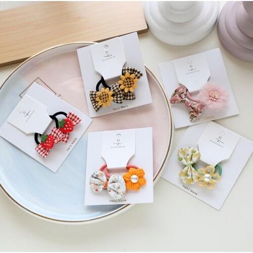 2pcs/lot New Children Japanese florsl bow cotton hairbands kids flowers knot rubber hair accessories