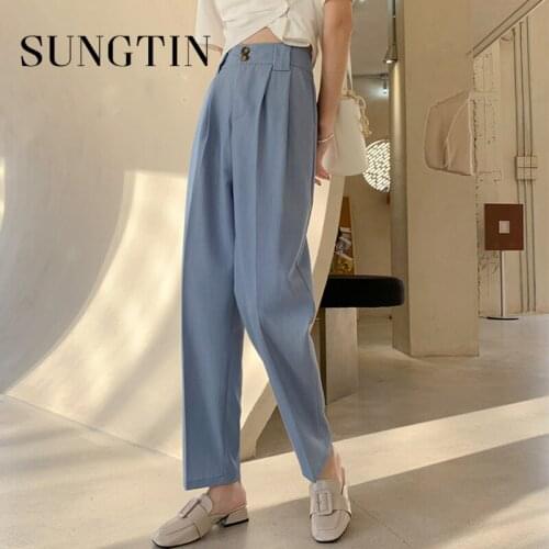 Sungtin Office Lady Loose Straight Pants Women High Waist Casual Korea Chic Ankle Length Pants Blazer Suit Harem Trousers Female
